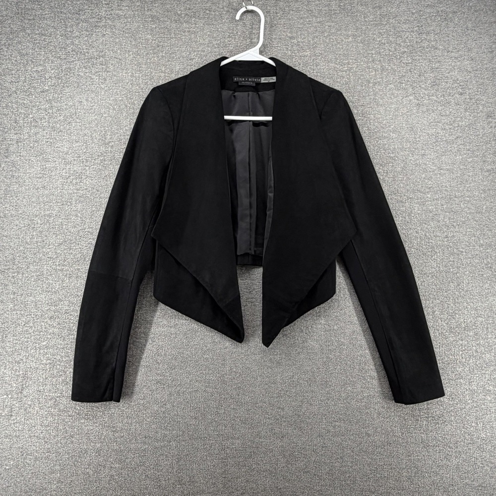 Alice + Olivia Classic Harvey Open Front Jacket Women Size Small Black Leather